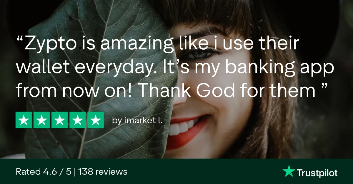 5-star Trustpilot review by imarket l.: "Zypto is amazing, I use their wallet everyday. It is my banking app from now on! Thank God for them"