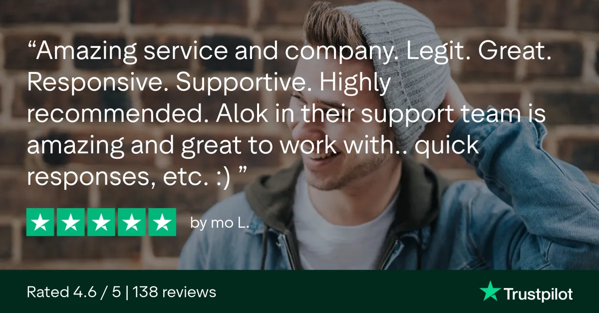 5-star Trustpilot review by mo L.: "Amazing service and company. Legit. Great. Responsive. Supportive. Highly recommended. Alok in their support team is amazing and great to work with, quick responses, etc."